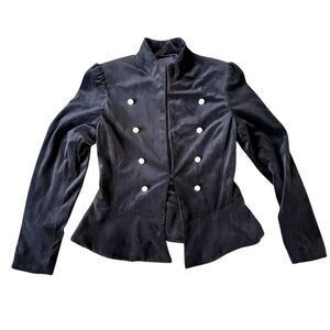 Amaryllis Black Velvet Military Jacket XS Pearl Button Double-Breasted Blazer